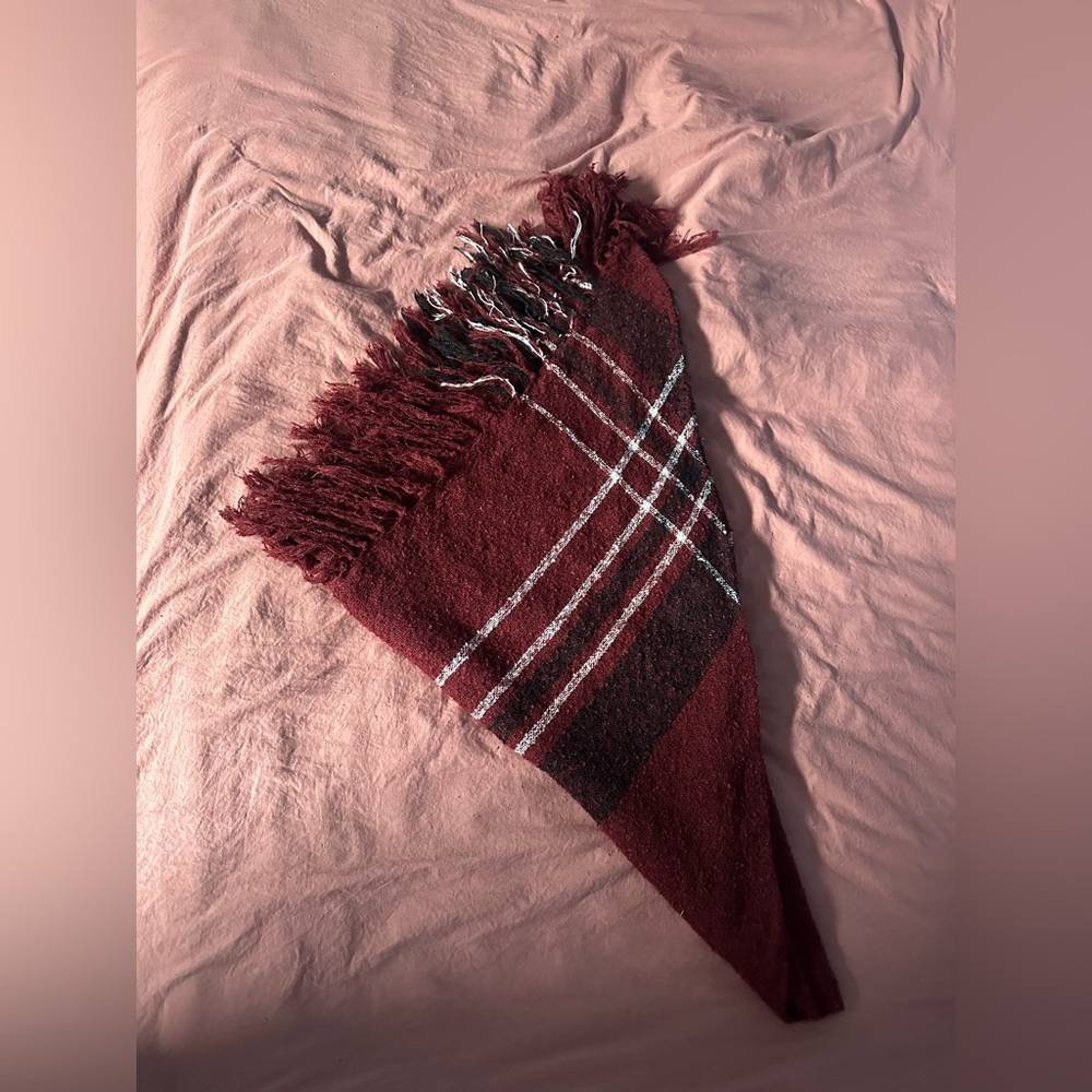 Plaid Fringe Scarf in Burgundy and Black